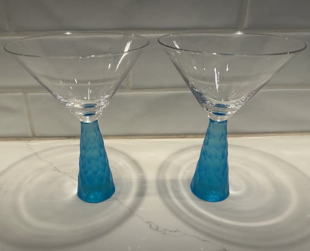 Set of 2 Artland Presscott Aqua Hexagon Wine Glasses Clear Frosted Stemware Bar